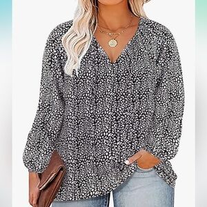 NWOT CARCOS Womens Plus Size Floral Blouses Long Sleeve Boho Top V Neck, XXL